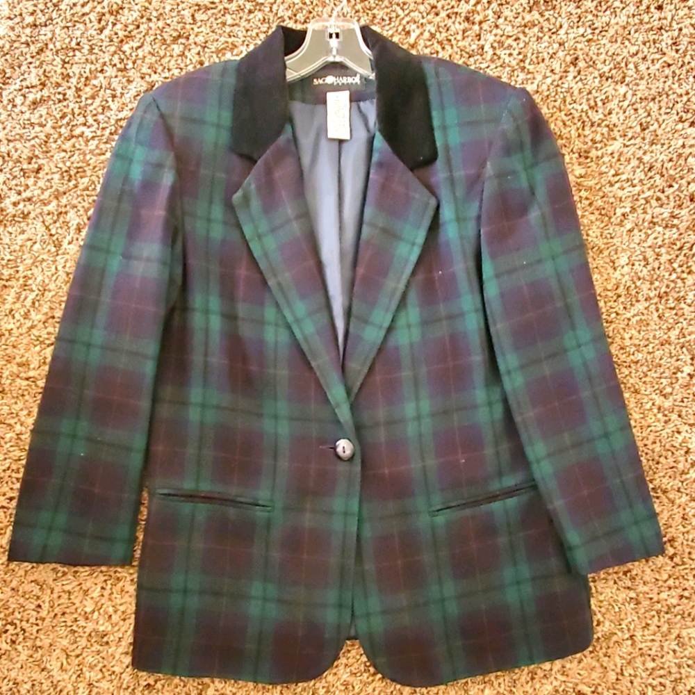 Sag Harbor Petite Green/Purple Plaid Blazer
